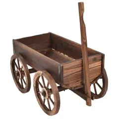 Brown Fir Wood Garden Barrel Planter Wagon with Wheels and Handle