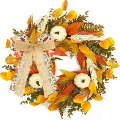 20 Inch Fall Maple Bow Wreath with White Pumpkin