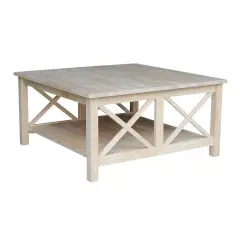 36-Inch Square Unfinished Solid Wood Coffee Table with Storage Shelf and X Frame Design