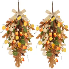 22" Fall Wreaths for Front Door 2 PCS Fall Teardrop Swag Artificial Golden Eucalyptus Leaves and Oak Leaves with Ribbon for Indoor Outdoor Farmhouse Home Wall Window Festival Wedding Decor