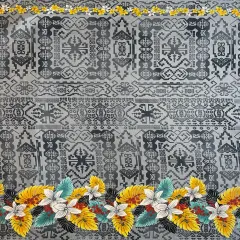 1 Yard Tropical Flowers And Leaves Double Border Peachskin Polyester Fabric For Sewing Apparel And Craft Projects 44/45 Inches Width Grey