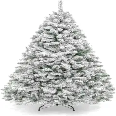 Snow Flocked Christmas Tree Full Unlit Pine with Easy Setup and Sturdy Metal Stand