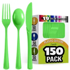 Exquisite Polished Plastic Silverware &ndash; 150 Pcs Heavy Duty Cutlery Set &ndash; 50 Each of Forks, Knives & Spoons &ndash; Disposable Utensil Set for Parties, Events & Catering &ndash; Flatware Set by Party Solids Lime