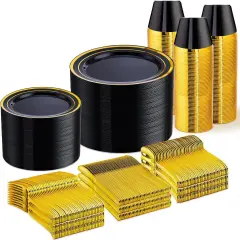 Black & Gold Disposable Dinnerware Set &ndash; 25, 50, 75, 100 Guest Options, Elegant Plastic Plates, Cutlery & Cups for Wedding & Party