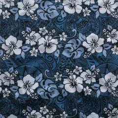 1 Yard Hibiscus Plumeria Monstera Leaf Polyester Fabric For Apparel Sewing And Tropical Crafts 60 Inch Gray/Light Blue