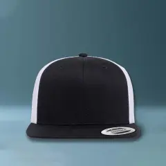 1 Count Retro High Profile Trucker Cap with Snapback Closure and Flat Bill Design Black/White