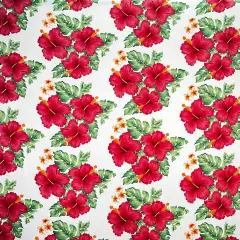 1 Yard Hibiscus & Tropical Leaves Cluster Peachskin Fabric 45 Inch Width White/Red