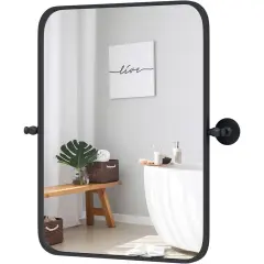 Black Metal Framed Wall Mirror 30x22" with Adjustable Tilt and Safety Film