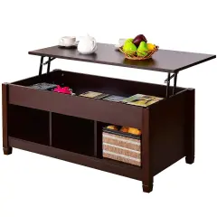 Brown Wood Lift Top Coffee Table with Adjustable Height and Hidden Storage for Living Room
