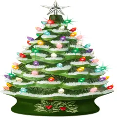 Ceramic Christmas Tree, Hand Painted Green Tabletop Tree with 74 Multicolor LED Bulbs & Star Topper Flocked/Green