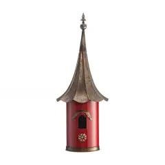 Red Metal Birdhouse with Copper Bronze Gramophone Roof, Oversized Pagoda Design