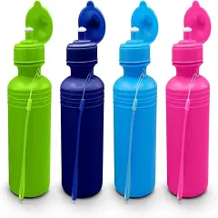 4E's Novelty 4 Pack Kids Water Bottles 18oz &ndash; BPA-Free, Reusable Plastic Bottles with Strap