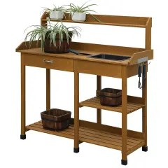 Garden Work Table with Sink Light Oak Wood Potting Bench Storage