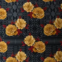 1 Yard Polynesian Rose Geometric Peachskin Fabric with Floral Border Print 44/45 Inches Width Charcoal