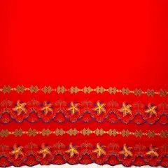 1 Yard Plumeria Flower Embroidered Double Border Polyester Fabric 56 Inch Width Red