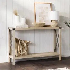 Modern Wood Finish Entryway Console Table with Lower Shelf and Metal Accents for Shoes or Decor White Oak