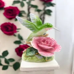 Ceramic Glittering Hummingbird With Pink Rose Flower Figurine, Home D&eacute;cor, Gift for Her, Gift for Mom, Nature Lover D&eacute;cor, Cottagecore