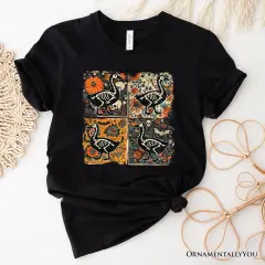 Skeleton Goose Patchwork T-Shirt, Floral Halloween Tee for The Spooky Season