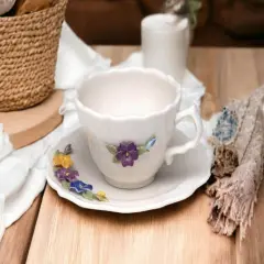 Ceramic Pansy Flower Mini Cup and Saucer Figurine, Home D&eacute;cor, Gift for Her, Gift for Mom, Kitchen D&eacute;cor