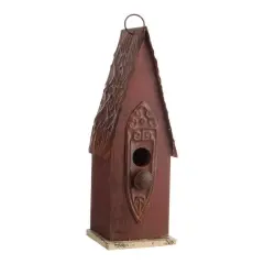 Rustic Brown Solid Wood and Iron Birdhouse with Metal Roof Hanging Ring