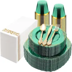 350PCS Green & Gold Disposable Dinnerware Set &ndash; Plates, Cutlery, Cups & Napkins for 50 Guests