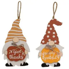 Wood Pumpkin Gnome Ornaments with Jute Rope and Fall Messages 2 Asstd.