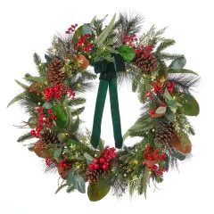 Christmas Magnolia Leaf, Eucalyptus, and Berry 28in Wreath, Pre-Lit with 35 LED Fairy Lights B/O
