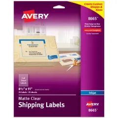 Avery Full Sheet Printable Shipping Labels, 8.5" x 11", Matte Clear, Inkjet, Create Custom Labels Using Scissors or Electronic Cutting Machines, 25 Blank Mailing Labels (8665)