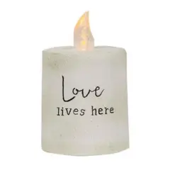 Love Lives Here White Cement Flame Timer Pillar 2.25" x 2.5"H