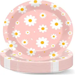48 PCS Daisy Paper Plates 7 Inch Daisy Flower Party Groovy Tableware Pink Groovy Boho Dessert Plates Decorations for Birthday Baby Shower Wedding Disposable Party Favors