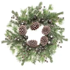 24 Inch Frosted Pine Wreath with Pinecones and Jingle Bells for Winter