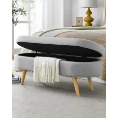Linen Upholstered Modern Storage Bench with Wood Legs and Flip-Top Grey