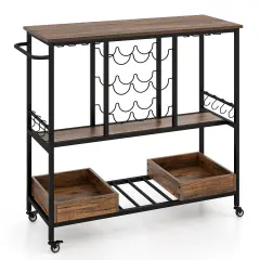 3 Tiers Bar Cart on Wheels with Glass Racks Rustic Brown