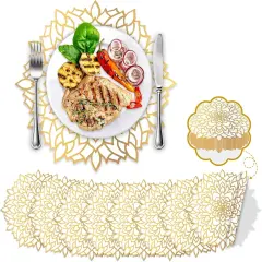 50PCS Disposable Gold White Metallic Round Paper PlaceMats Round Floral Charger Table Mat Table Setting Mat Pressed Paper Round Place Mats for Wedding Birthday Party Dining Table Decor Supplies