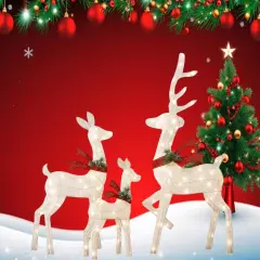 Magnificent Lighted Deer Family Set with White Thread for Holiday Decor 60"+48"+32"