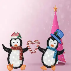 Set of Two Heart-Shaped Penguins Decorative Figurines Indoor Outdoor 30" & 32"H