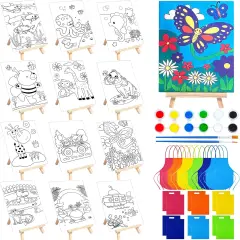 48PCS 12 Sets Printed Canvas Paint Art 12 Pcs Wooden Easel Set
