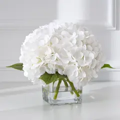 Luxury PU Fake Flowers in Vase with Faux Water, White Real Touch Hydrangea Artificial Flowers with Glass Vase