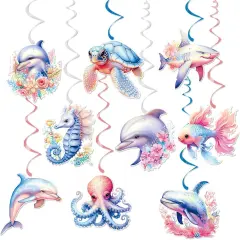 18 Pieces Ocean Animals Hanging Swirl Summer Decorations, Under The Sea Party Decor Marine Life Party Swirls Streamers