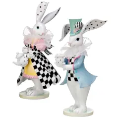 12" Resin & Fabric Brunch Bunny Set - Whimsical Easter Tea Party D&eacute;cor