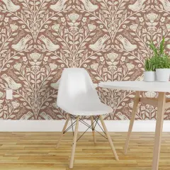 Peel & Stick Wallpaper 2FT Wide Whimsical Cottagecore Botanical Birds Crosshatch Floral Leaves Foliage Traditional Flowers Garden Brown Neutral Monochromatic Cozy Home Folk Custom Removable Wallpaper by Spoonflower
