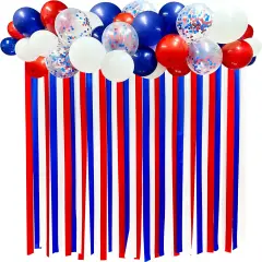 Red Blue White Party Decorations Ribbon Fabric Fringe Hanging Curtain Streamer Backdrop Balloon Garland for 4th of July American Independence Day USA National Day Patriotic Birthday Graduation Wedding