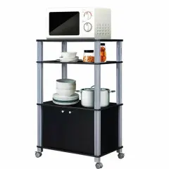 3 Tier Kitchen Storage Cart with Wheels Microwave Stand with Shelves and 2-Door Cabinet Black