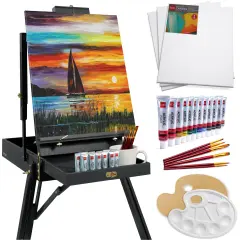 Best Choice Products French Easel, 32pc Beginners Kit Portable Wooden Adjustable Tripodw/ Paint Supplies Black