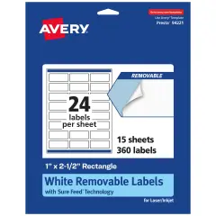 Avery Matte White Removable Rectangle Labels with Sure Feed Technology, 1" x 2.5"