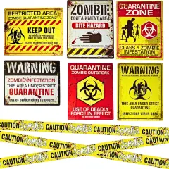 4E's Novelty Halloween Zombie Warning Signs with 20ft Caution Tape &ndash; 6 Pack 11x14 Creepy Posters for Indoor Outdoor Haunted House, Graveyard, Front Yard, Door, Wall, Garden, Balcony Party Decor