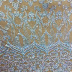 1 Yard Iridescent Blue Damask Lace Fabric Embroidered Mesh for Evening Gowns & Home Decor 48-50&rdquo; Wide
