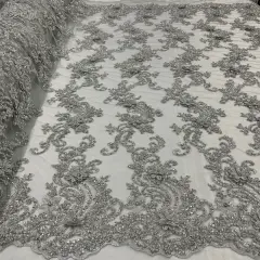1 Yard Beaded 3D Floral Lace Fabric on 100% Polyester Net Mesh, Dusty Rose, 52" Wide, Elegant Embroidered Lace Fabric Silver