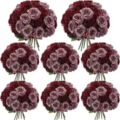 8 Bundles Artificial Peonies Flowers (Wine Red,Gray)