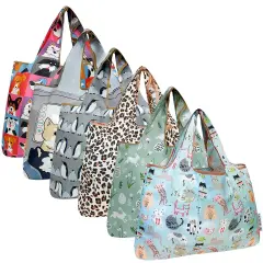 Wrapables Large Foldable Tote Nylon Reusable Grocery Bags, 6 Pack, Pet Parade